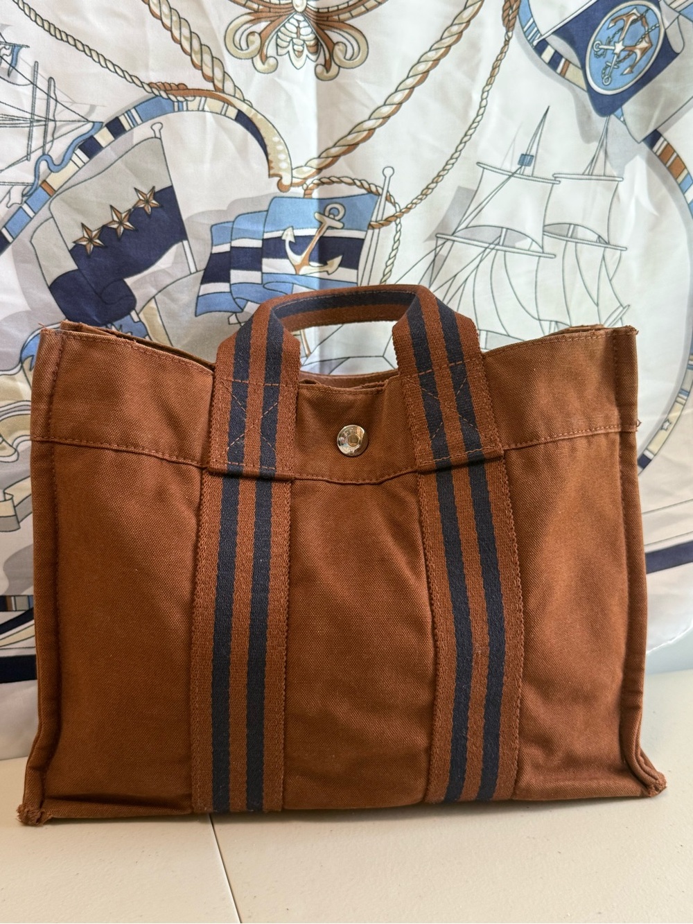 Hermes Canvas Tote Bag in Brown with Navy Stripes